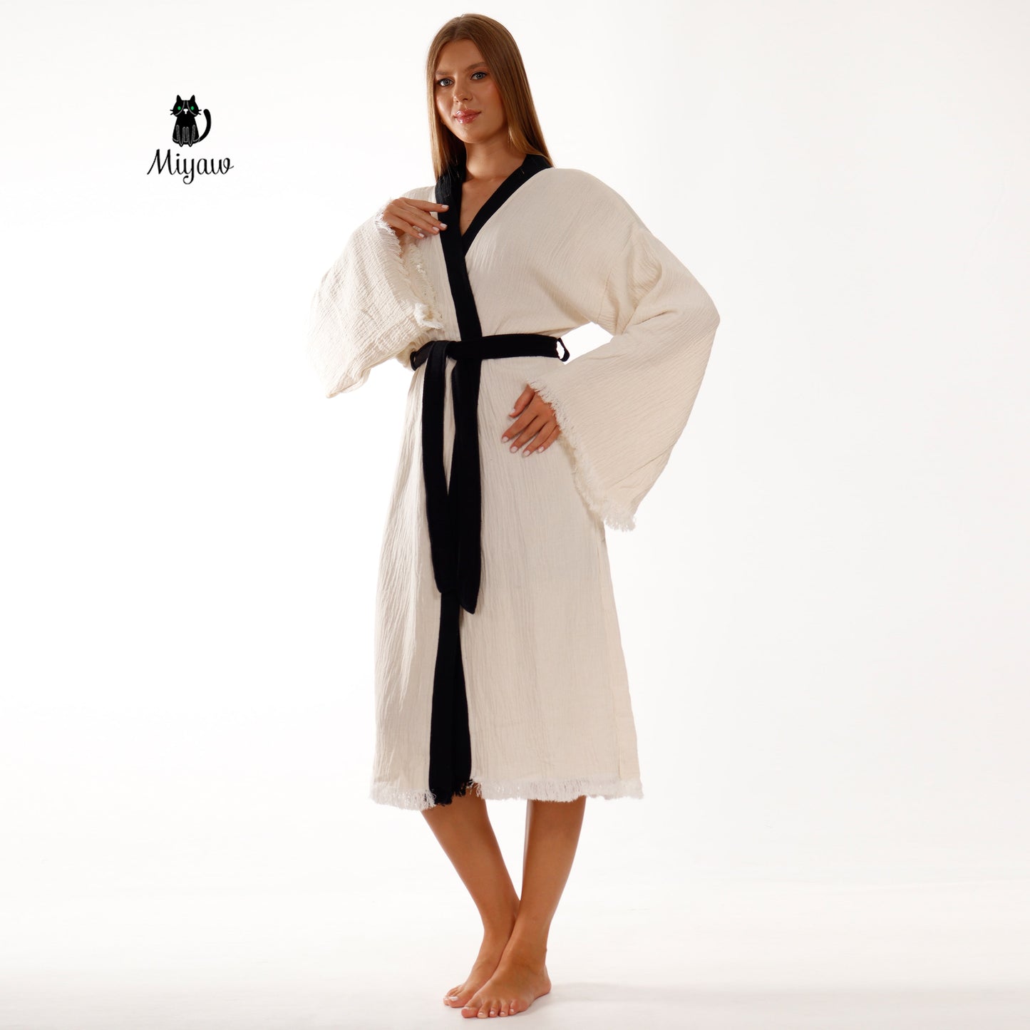 White Cotton Kimono Bathrobe with Boho Tree Print - Miyawfashion Miyawfashion