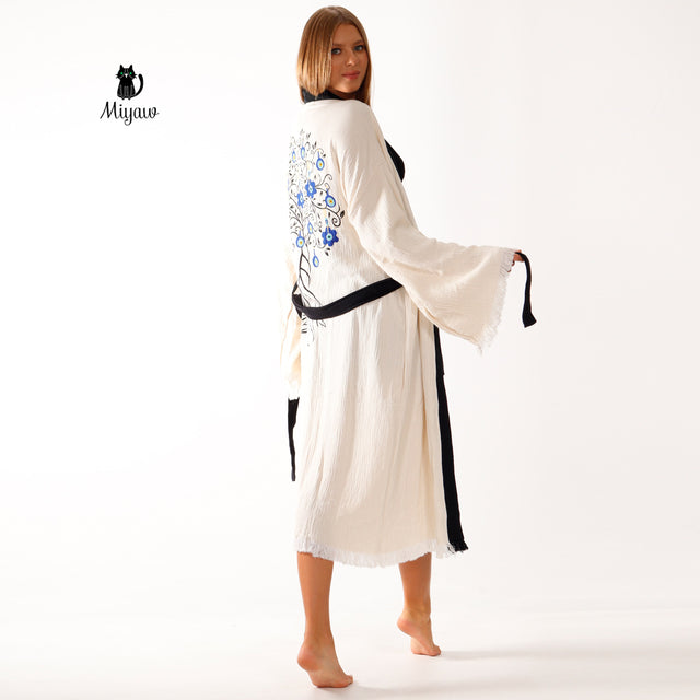 White Cotton Kimono Bathrobe with Boho Tree Print - Miyawfashion