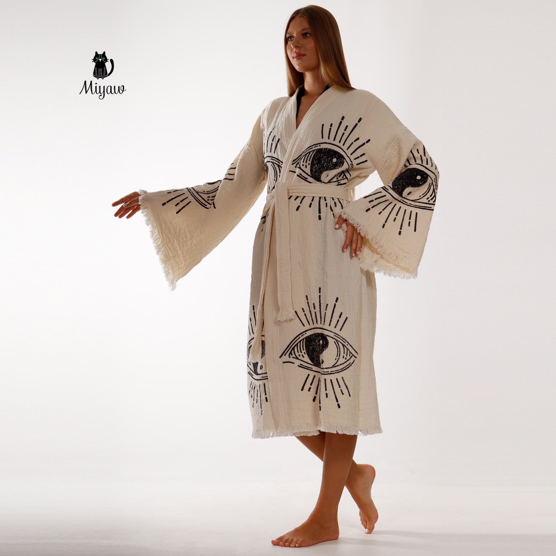 Handcrafted Ying Yang Symbol Kimono Made of Organic Cotton - Miyawfashion