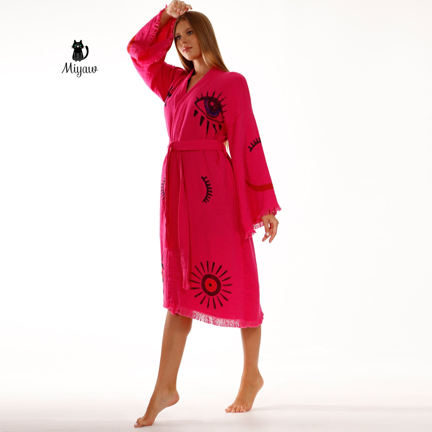 Handmade Fuchsia Long Sleeve Women's Robe for Home & Beach Comfort Miyawfashion