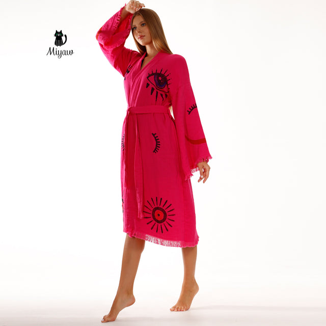 Handmade Fuchsia Long Sleeve Women's Robe for Home & Beach Comfort - Miyawfashion