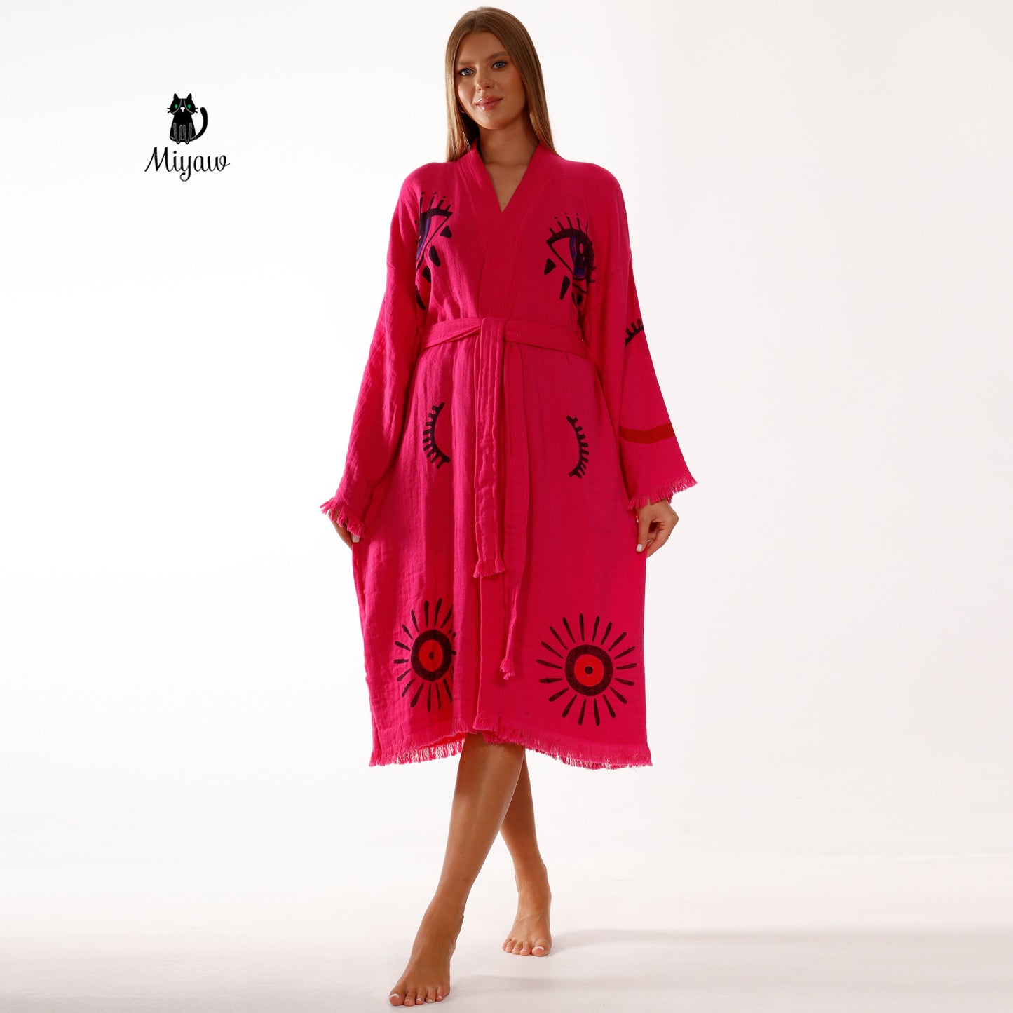 Handmade Fuchsia Long Sleeve Women's Robe for Home & Beach Comfort Miyawfashion