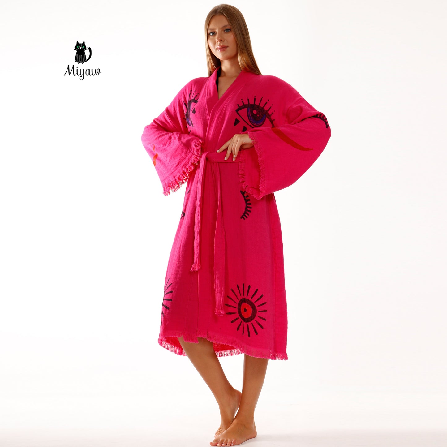 Handmade Fuchsia Long Sleeve Women's Robe for Home & Beach Comfort Miyawfashion