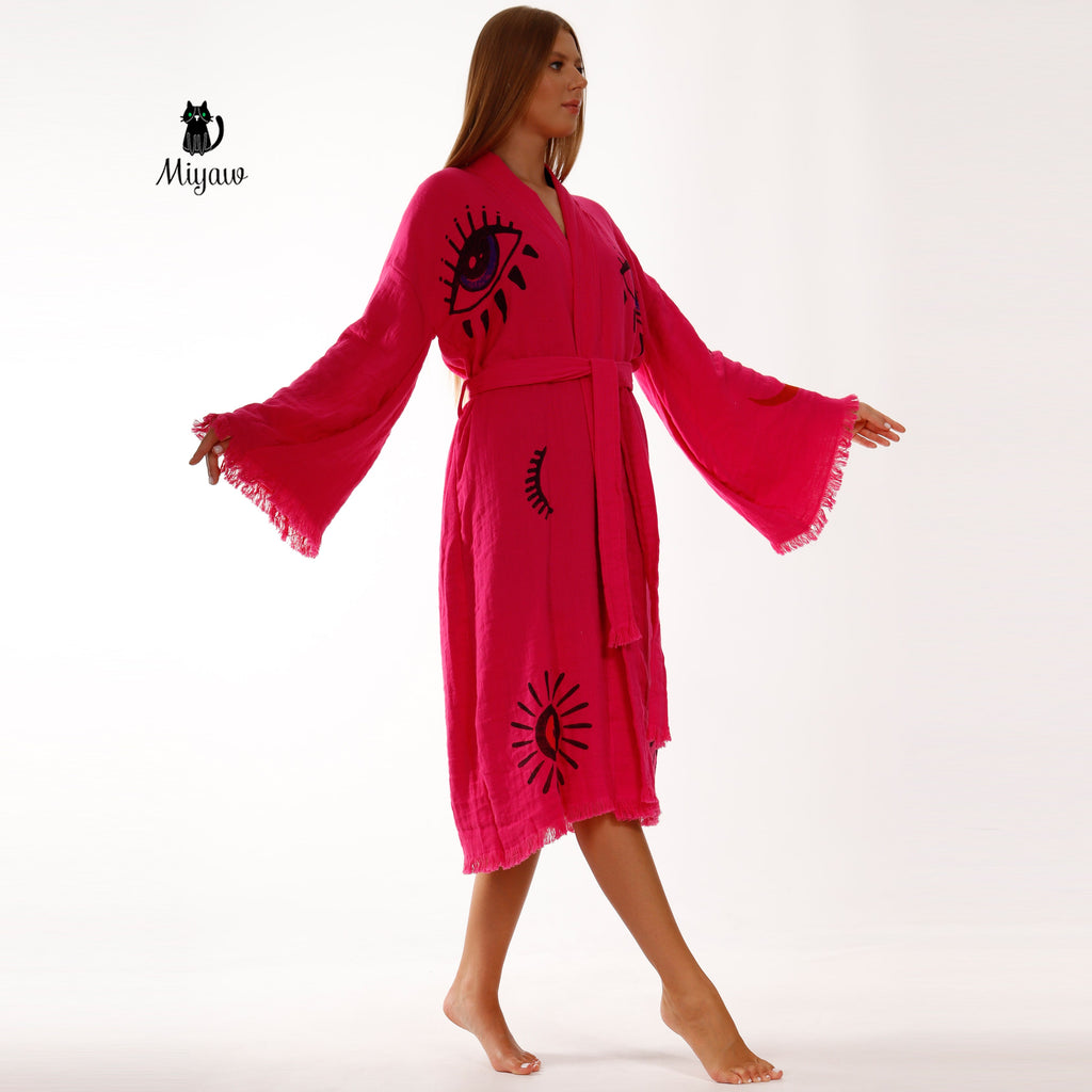 Handmade Fuchsia Long Sleeve Women's Robe for Home & Beach Comfort - Miyawfashion