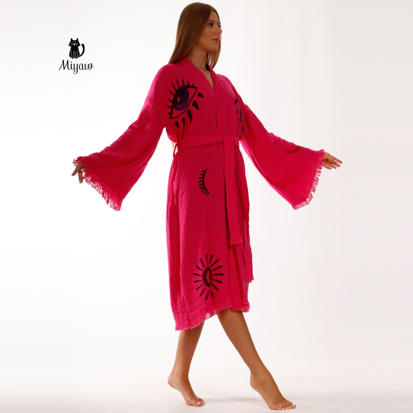 Handmade Fuchsia Long Sleeve Women's Robe for Home & Beach Comfort Miyawfashion