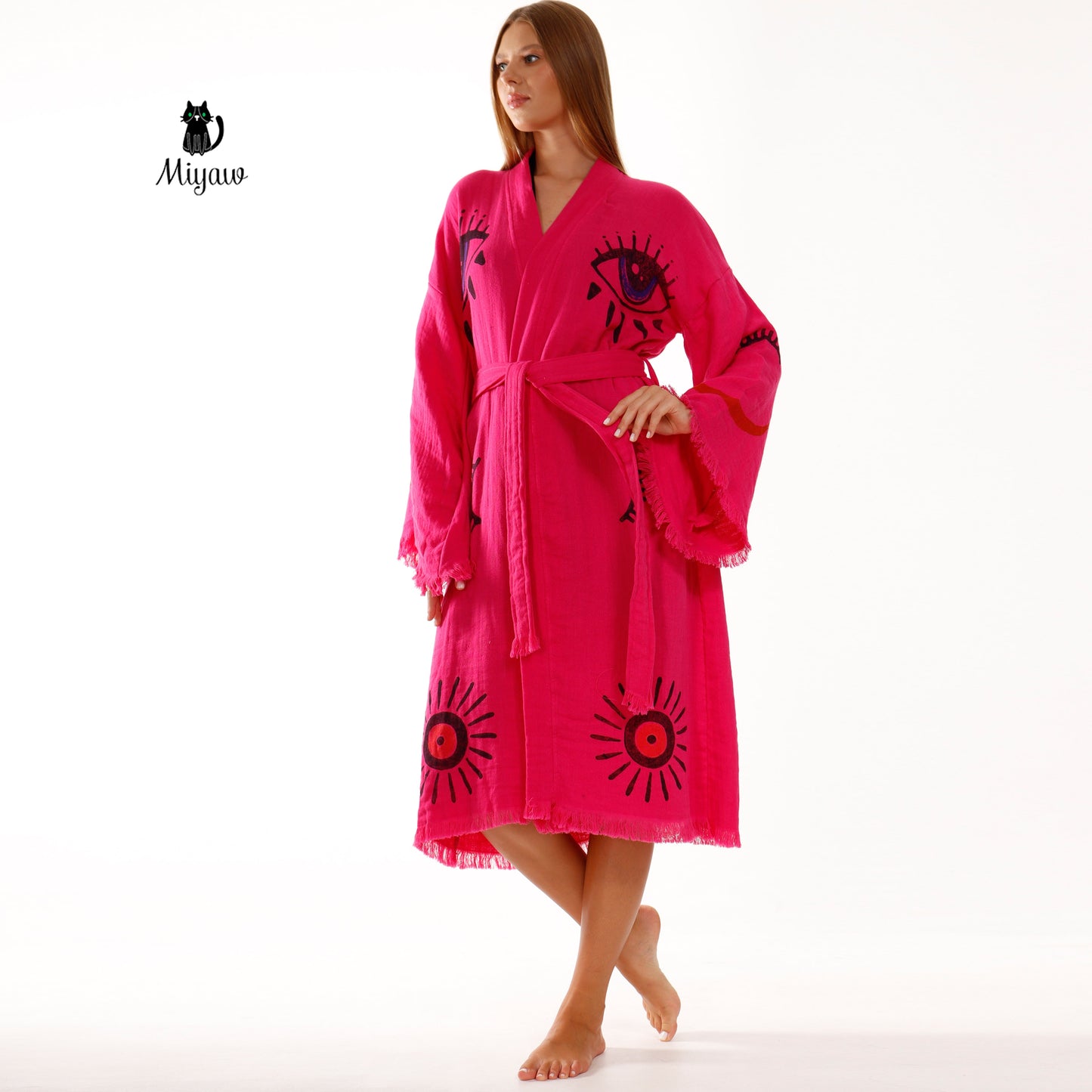 Handmade Fuchsia Long Sleeve Women's Robe for Home & Beach Comfort Miyawfashion