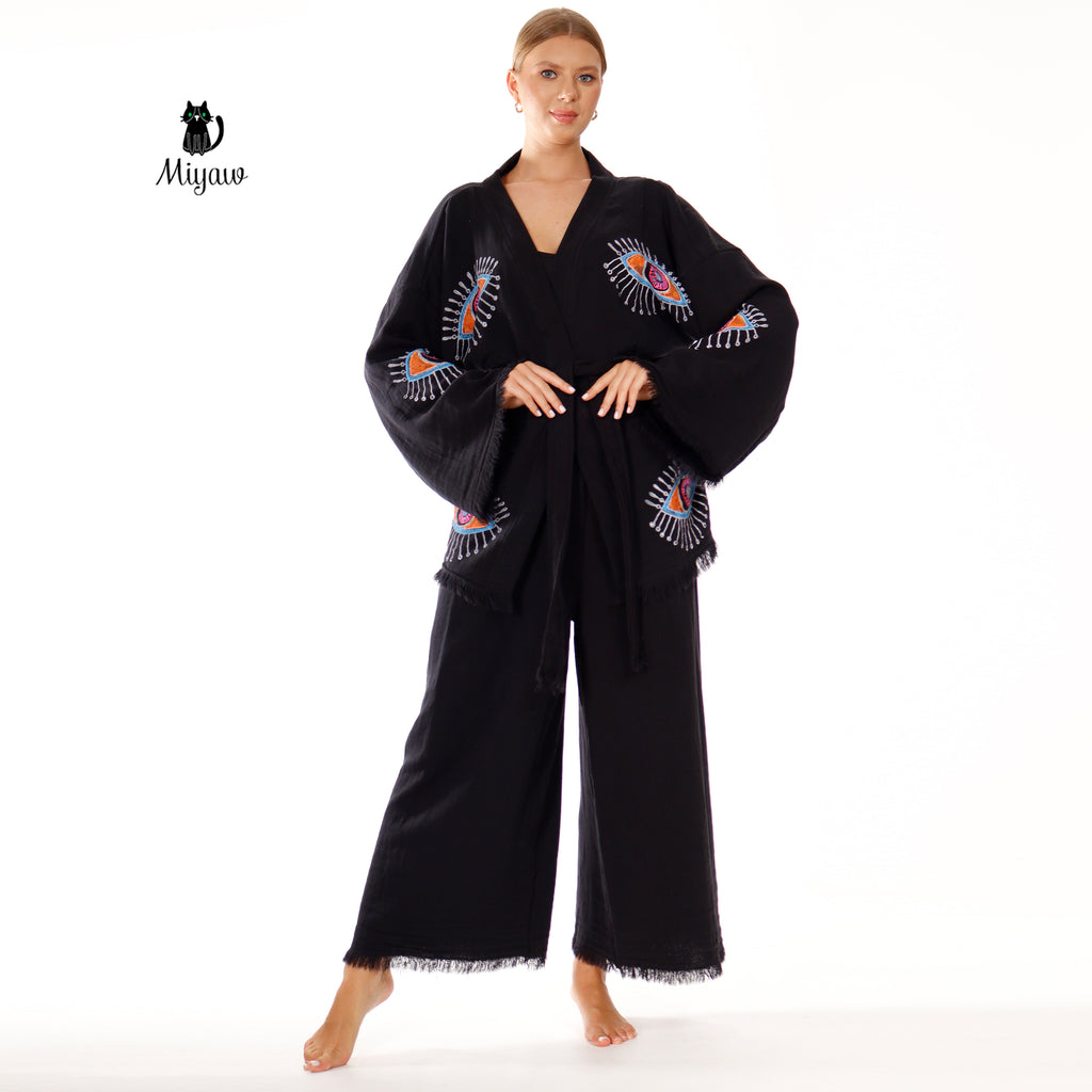 Relax in Style: Sustainable Black Cotton Lounge Pant Set - Miyawfashion