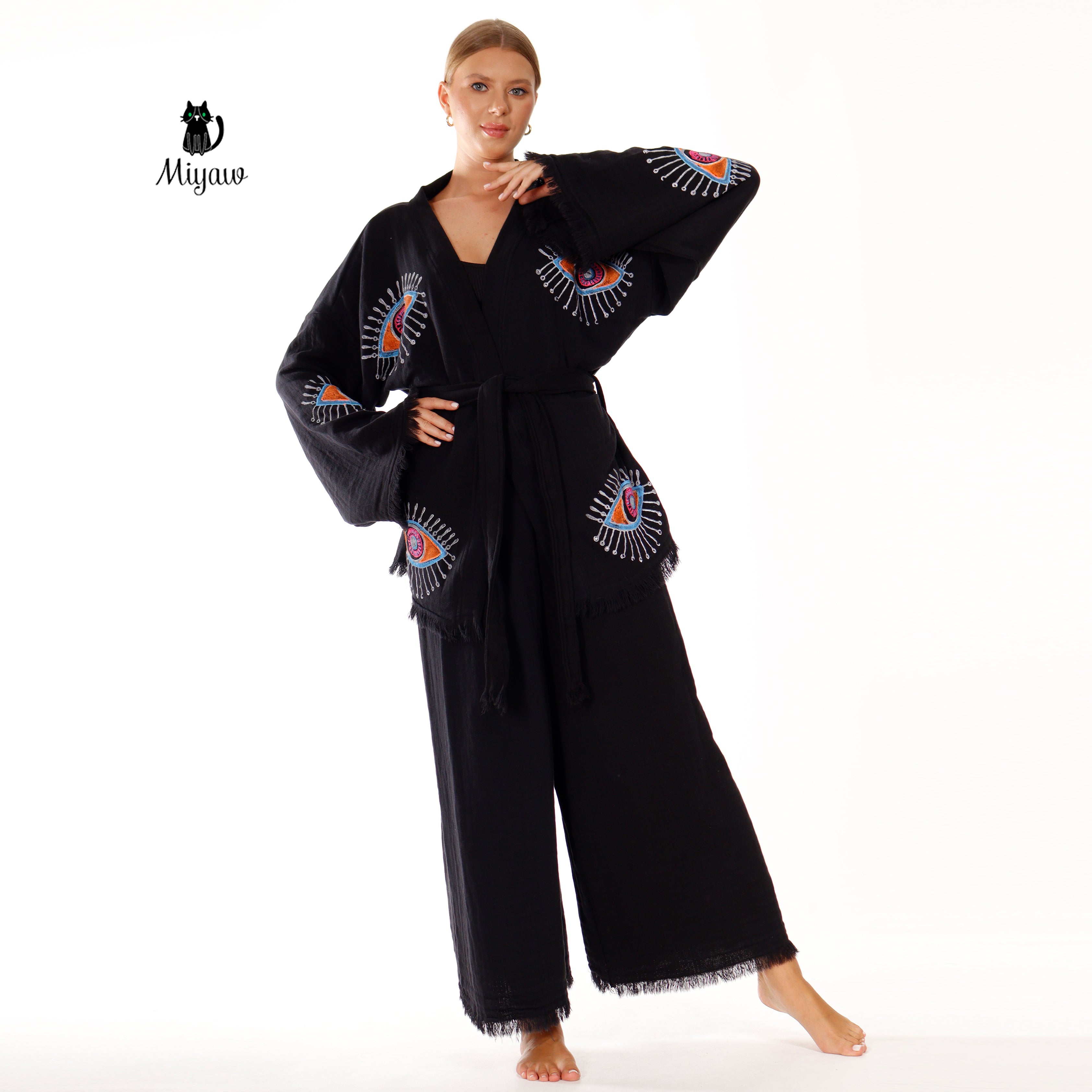 Relax in Style: Sustainable Black Cotton Lounge Pant Set - Miyawfashion