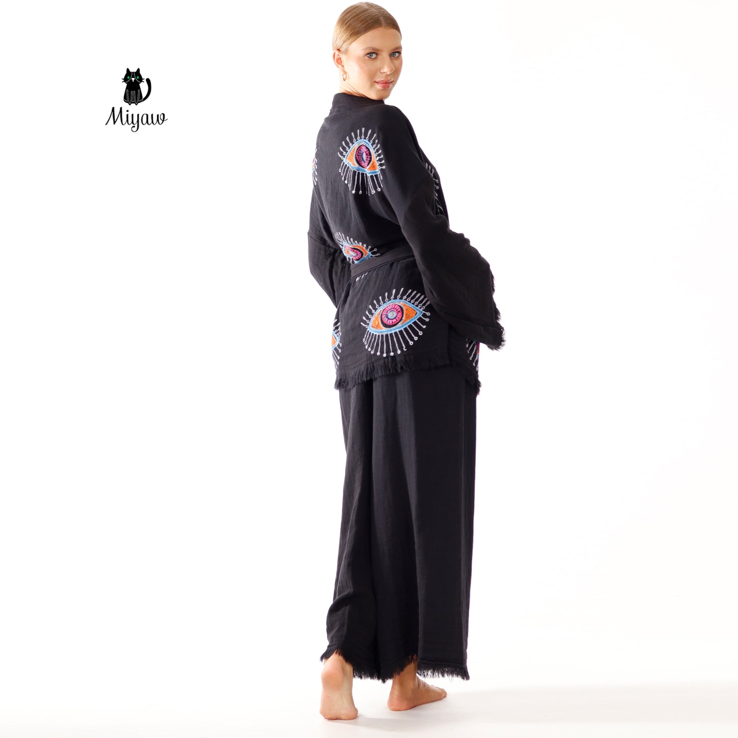 Relax in Style: Sustainable Black Cotton Lounge Pant Set - Miyawfashion Miyawfashion