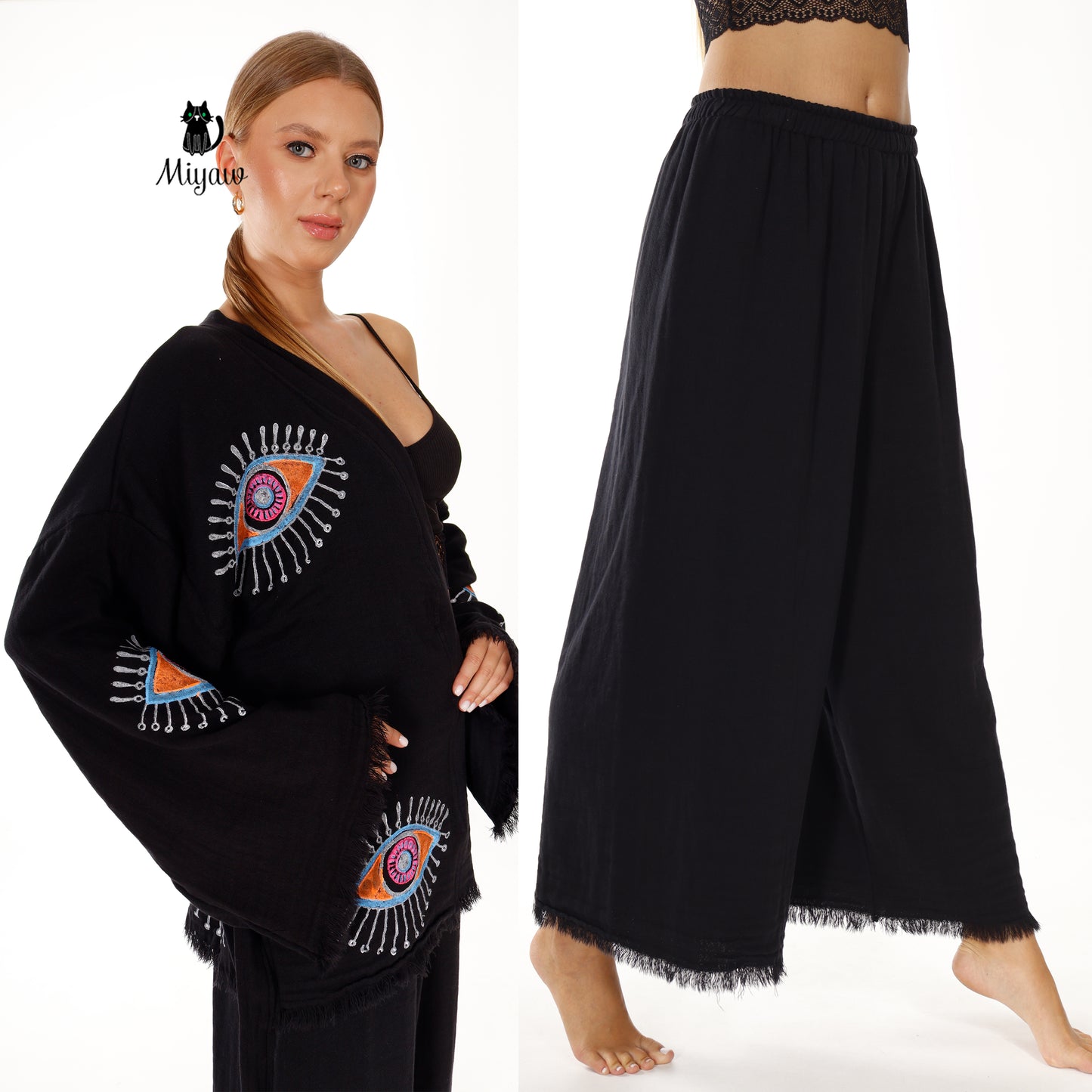 Relax in Style: Sustainable Black Cotton Lounge Pant Set - Miyawfashion Miyawfashion