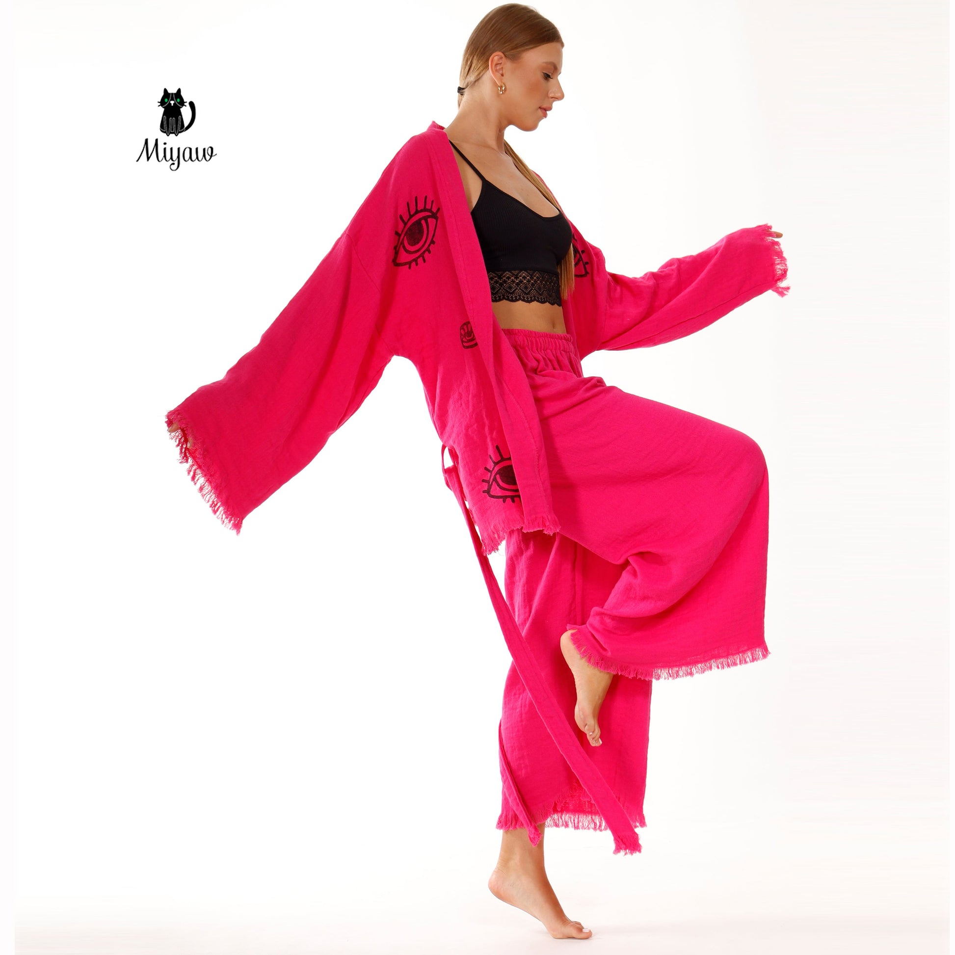 Comfy Organic Lounge Pant Suit - Vibrant Fuchsia Boho Style - Miyawfashion