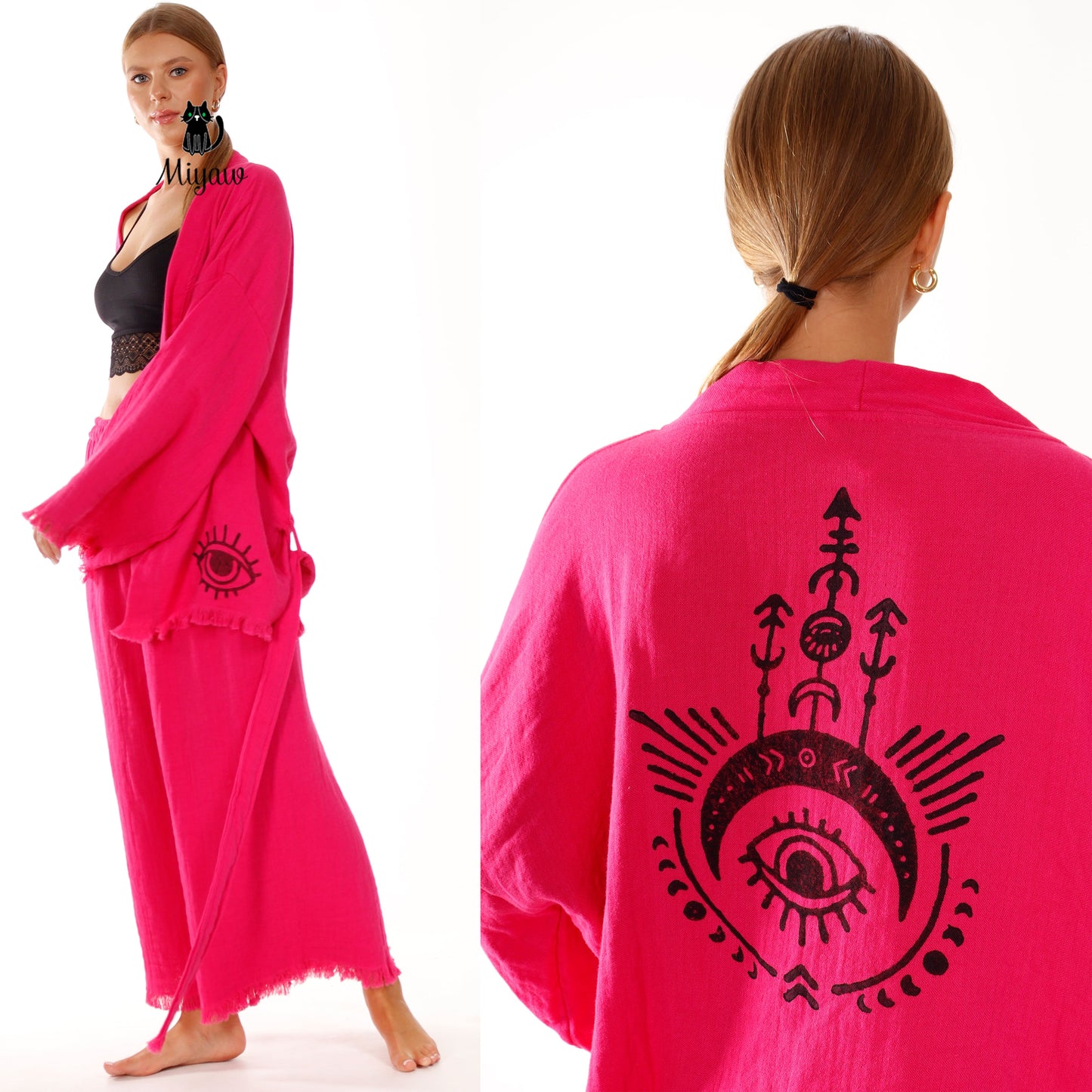 Comfy Organic Lounge Pant Suit - Vibrant Fuchsia Boho Style - Miyawfashion Miyawfashion