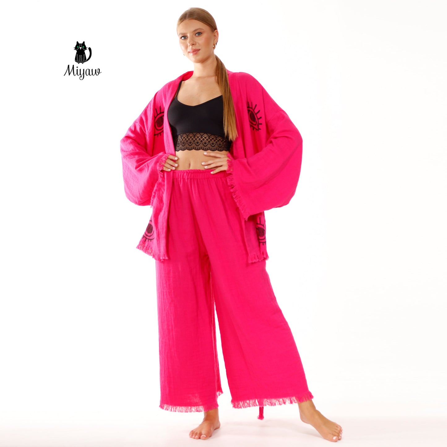 Comfy Organic Lounge Pant Suit - Vibrant Fuchsia Boho Style - Miyawfashion Miyawfashion