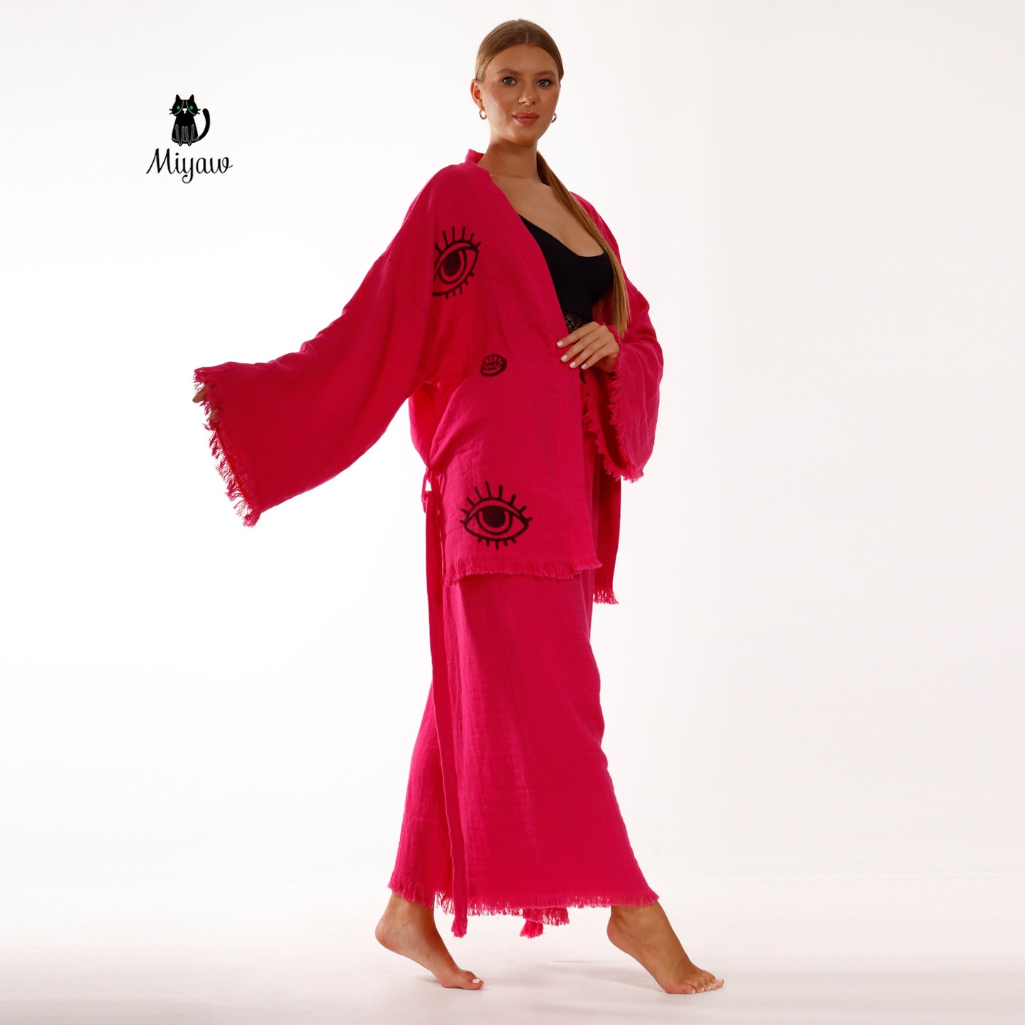 Comfy Organic Lounge Pant Suit - Vibrant Fuchsia Boho Style - Miyawfashion Miyawfashion