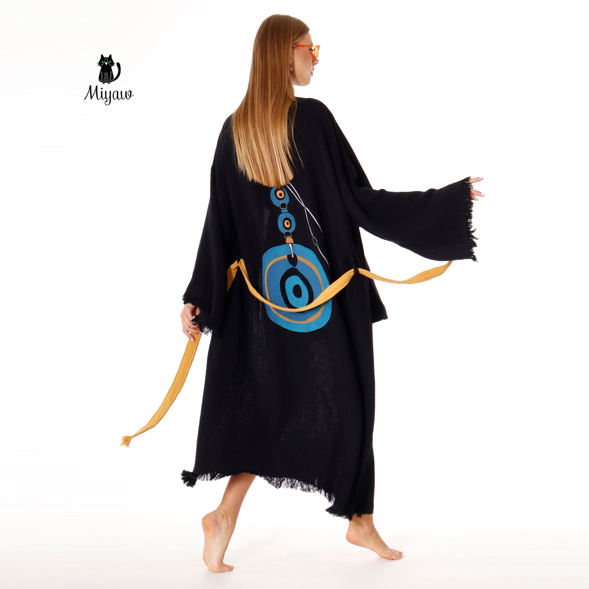 Organic Cotton Long Sleeve Black Caftan, Evil Eye Print On The Back - Miyawfashion