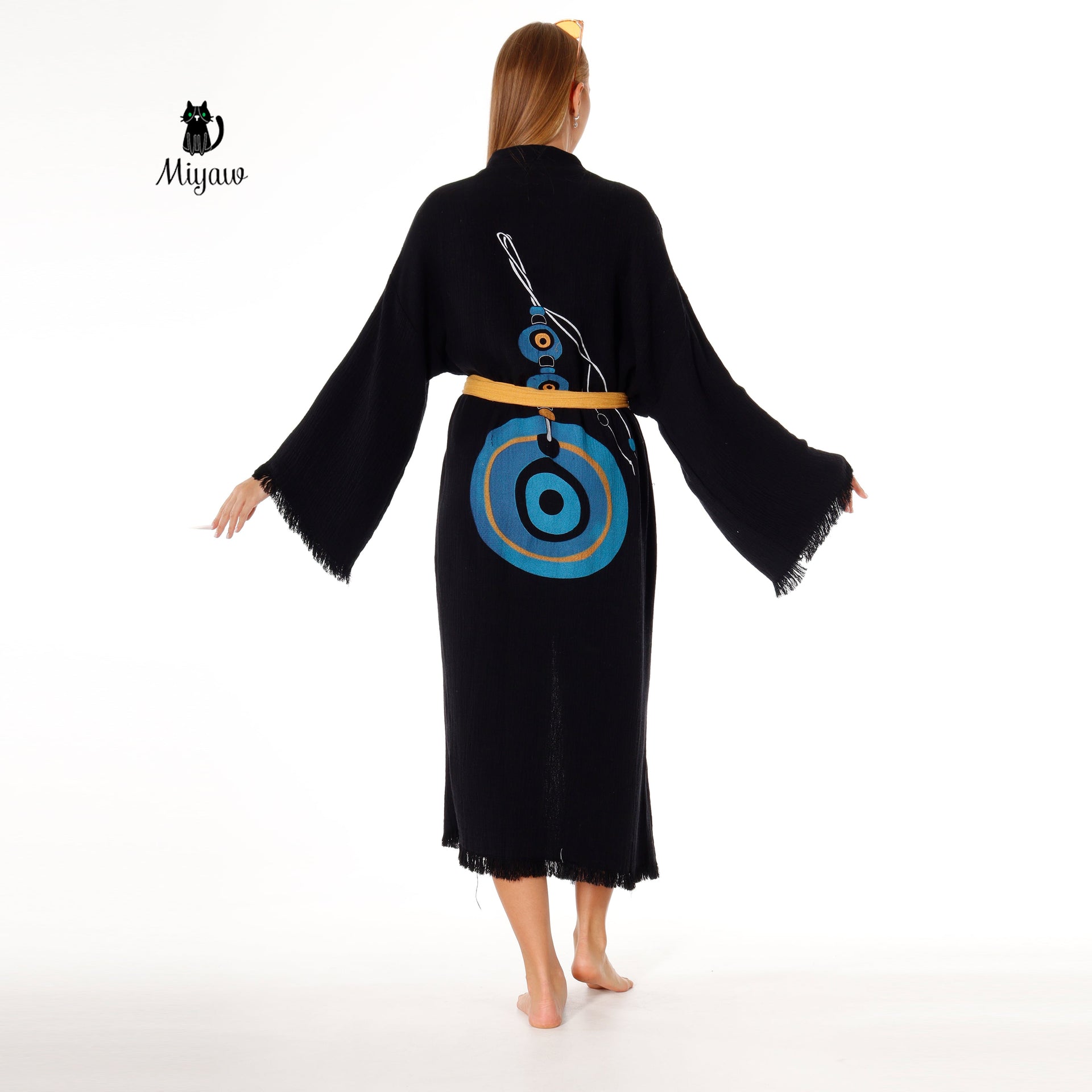 Organic Cotton Long Sleeve Black Caftan, Evil Eye Print On The Back - Miyawfashion