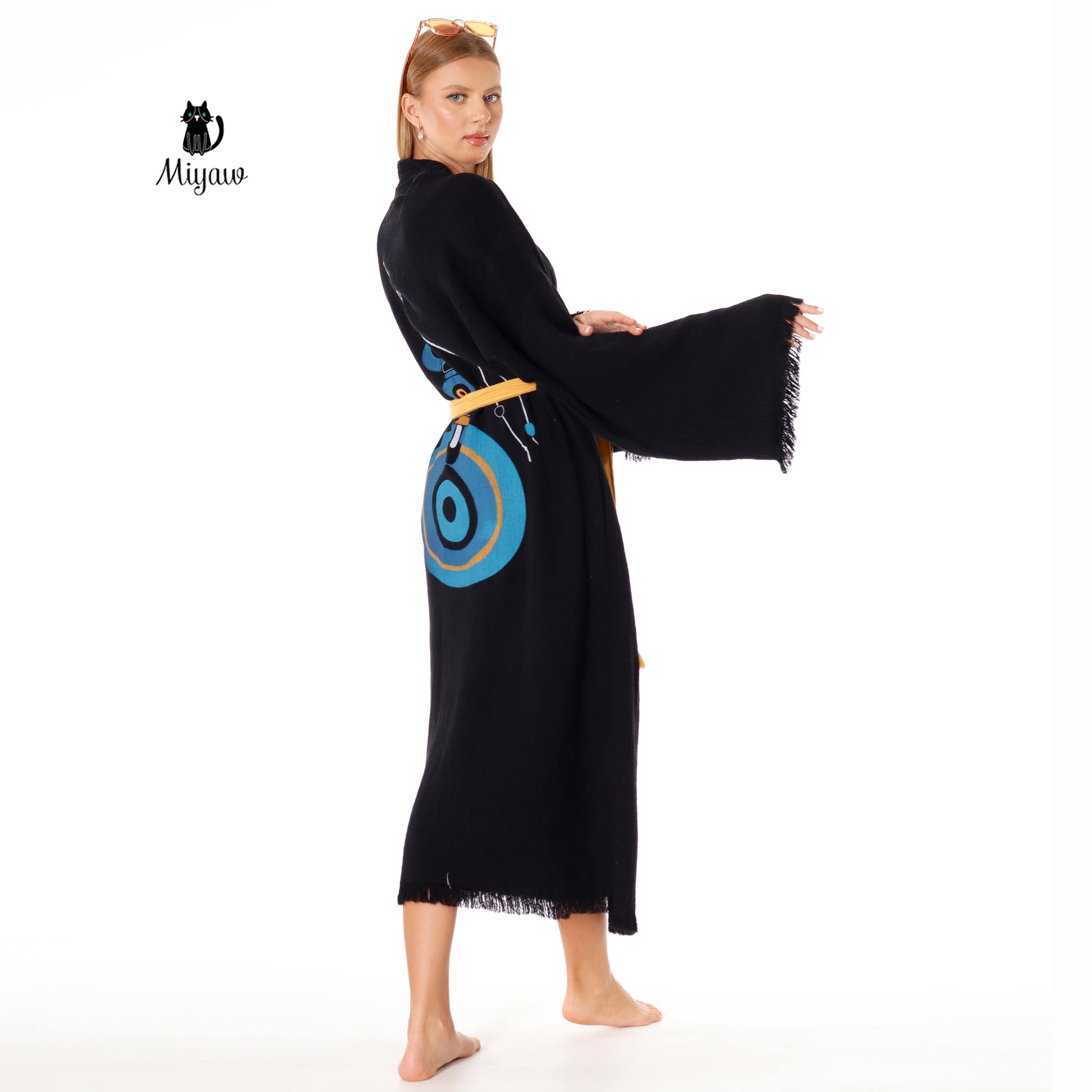 Organic Cotton Long Sleeve Black Caftan, Evil Eye Print On The Back - Miyawfashion