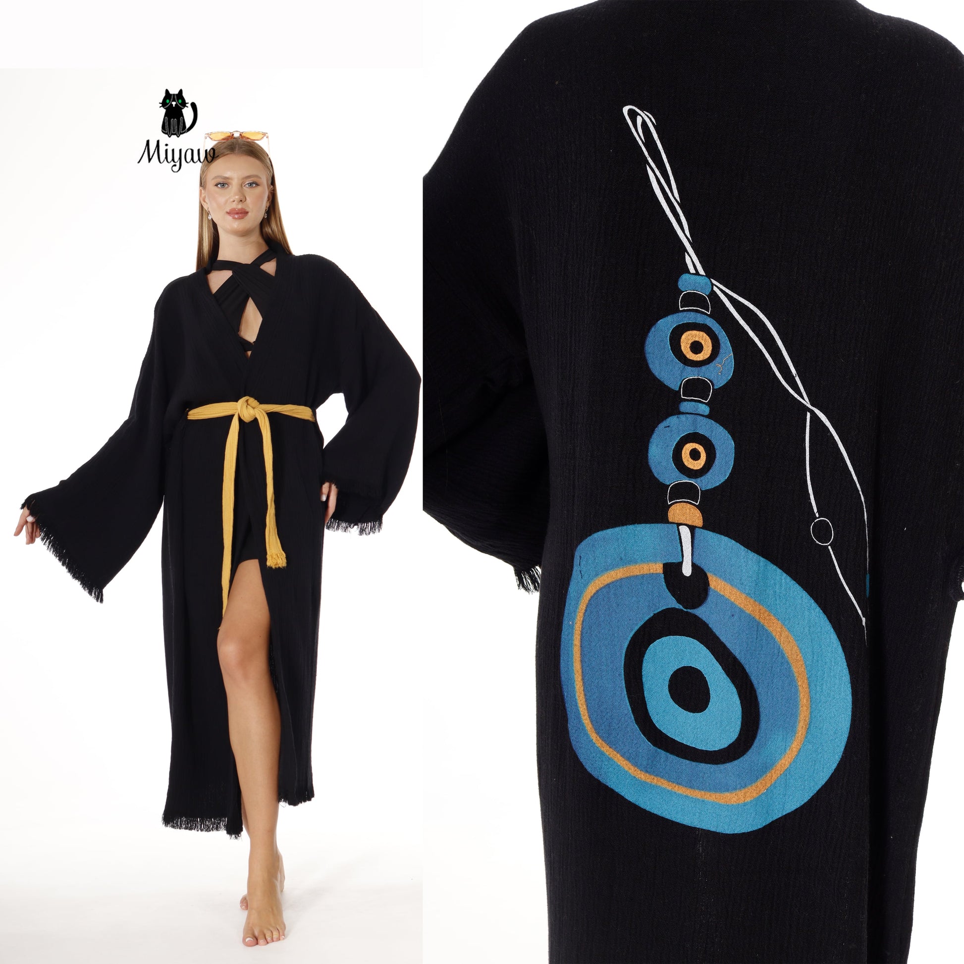 Organic Cotton Long Sleeve Black Caftan, Evil Eye Print On The Back - Miyawfashion