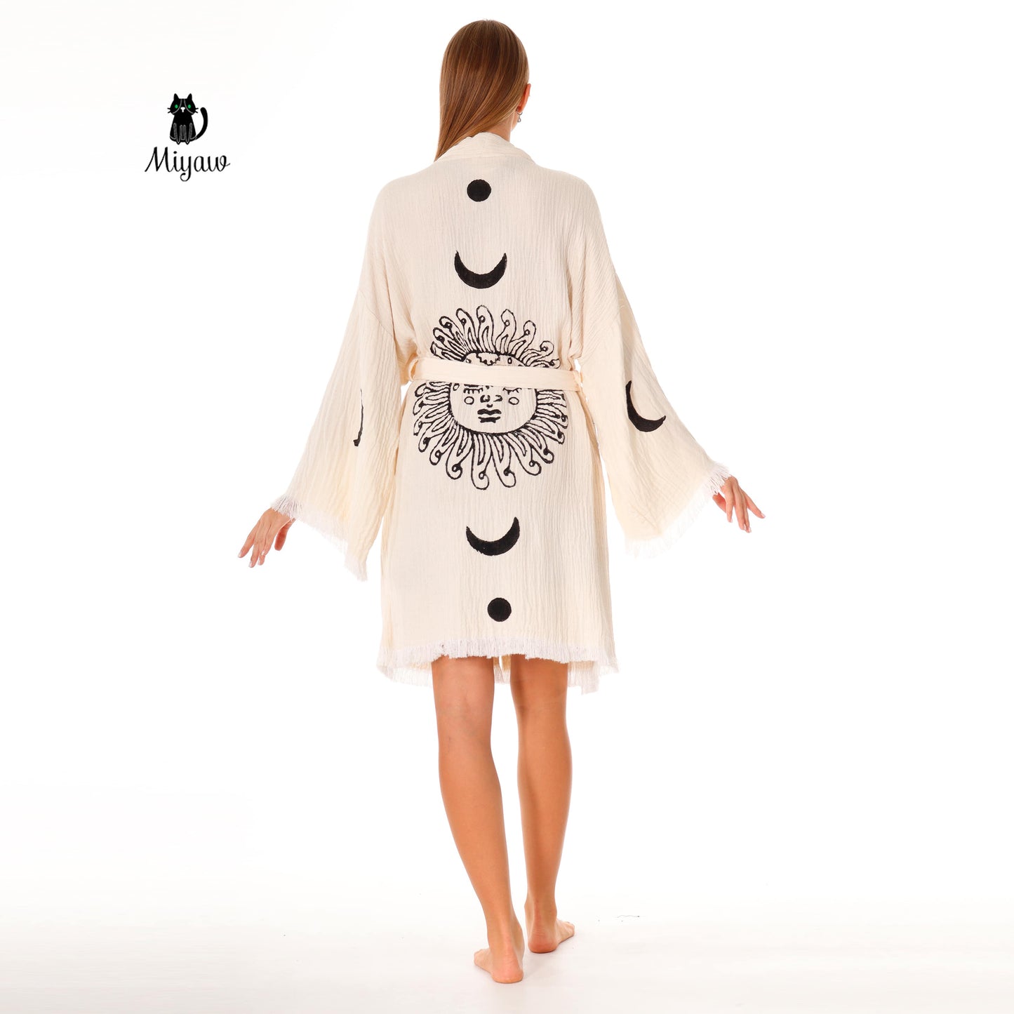 Boho Sun and Moon Kaftan - Organic Cotton Handcrafted Kimono Robe - Miyawfashion Miyawfashion