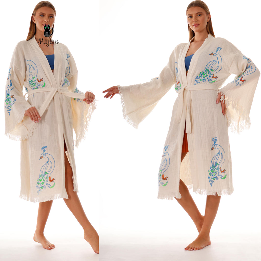Wholesale Peacock Stamp Kimono Robe – Boho Chic Bathrobe for Boutiques - Miyawfashion