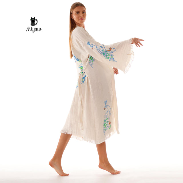 Wholesale Peacock Stamp Kimono Robe – Boho Chic Bathrobe for Boutiques - Miyawfashion