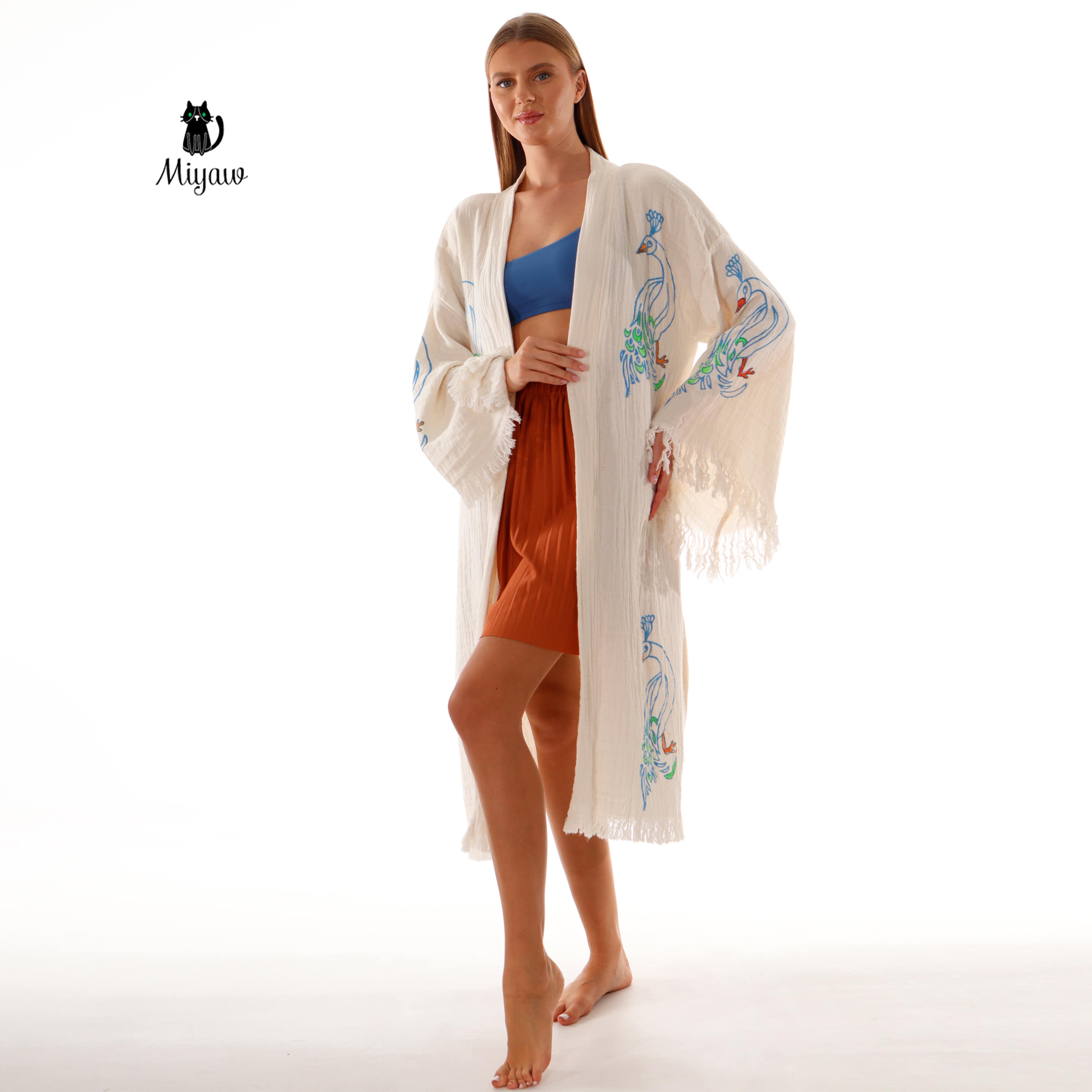 Wholesale Peacock Stamp Kimono Robe – Boho Chic Bathrobe for Boutiques - Miyawfashion
