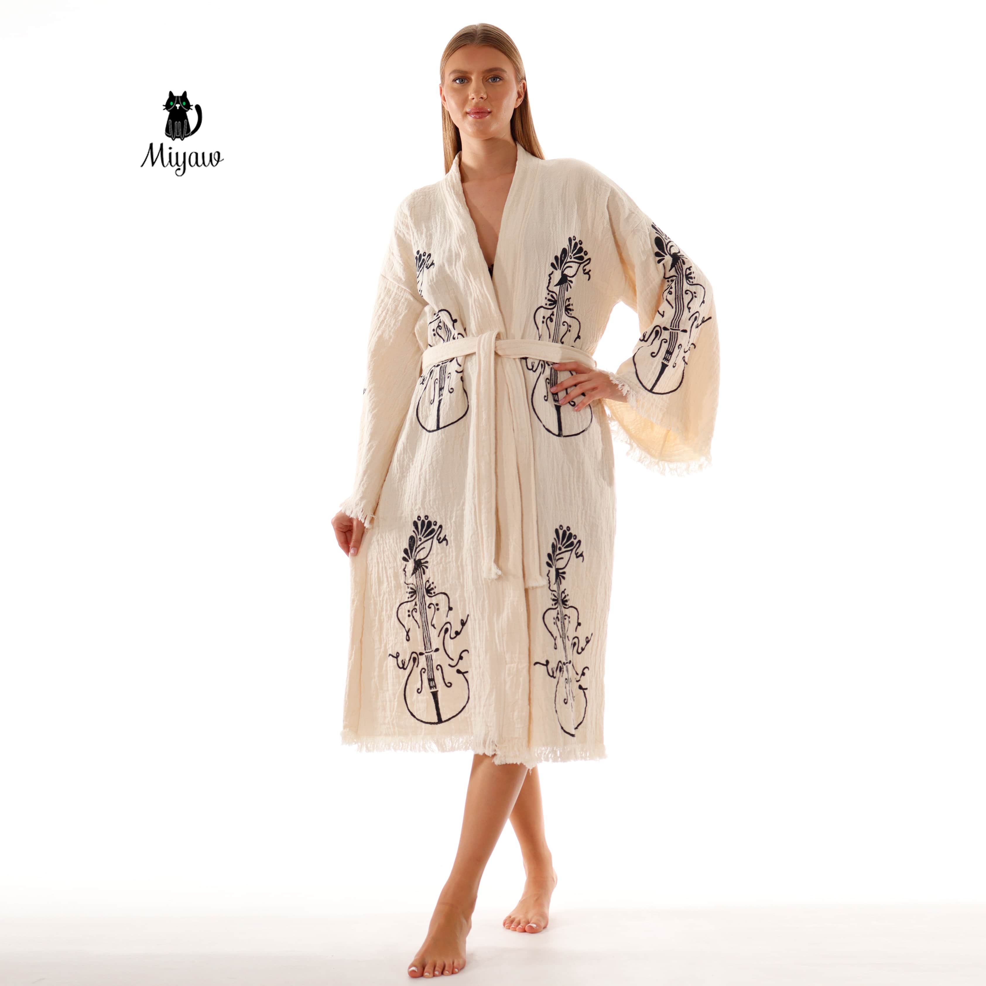 Wholesale Handmade Guitar Stamped Kimono Robe - Boho Bathrobe for Music Lovers - Miyawfashion
