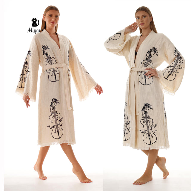 Wholesale Handmade Guitar Stamped Kimono Robe - Boho Bathrobe for Music Lovers - Miyawfashion