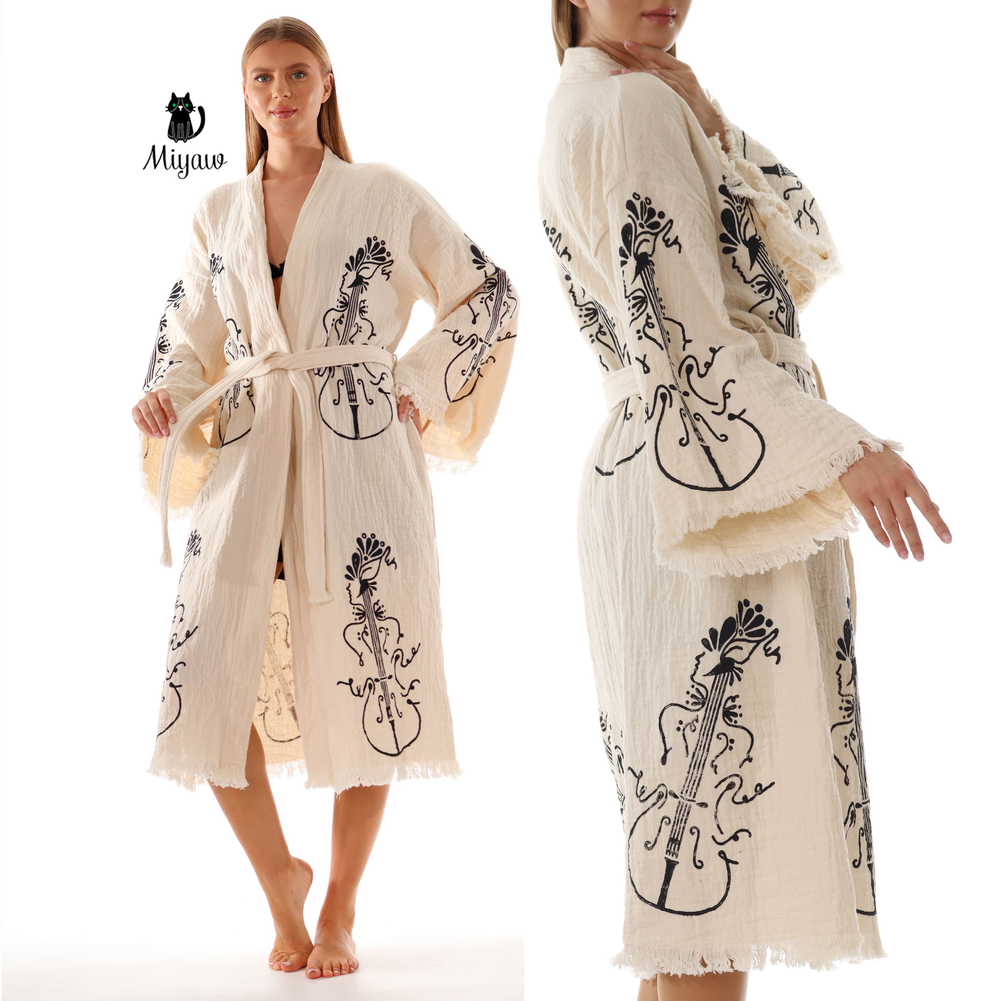Wholesale Handmade Guitar Stamped Kimono Robe - Boho Bathrobe for Music Lovers - Miyawfashion