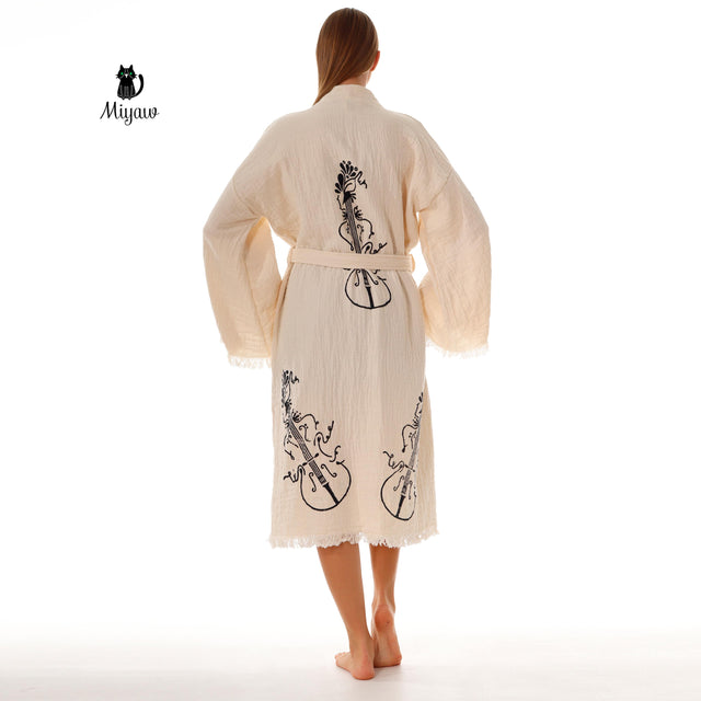 Wholesale Handmade Guitar Stamped Kimono Robe - Boho Bathrobe for Music Lovers - Miyawfashion