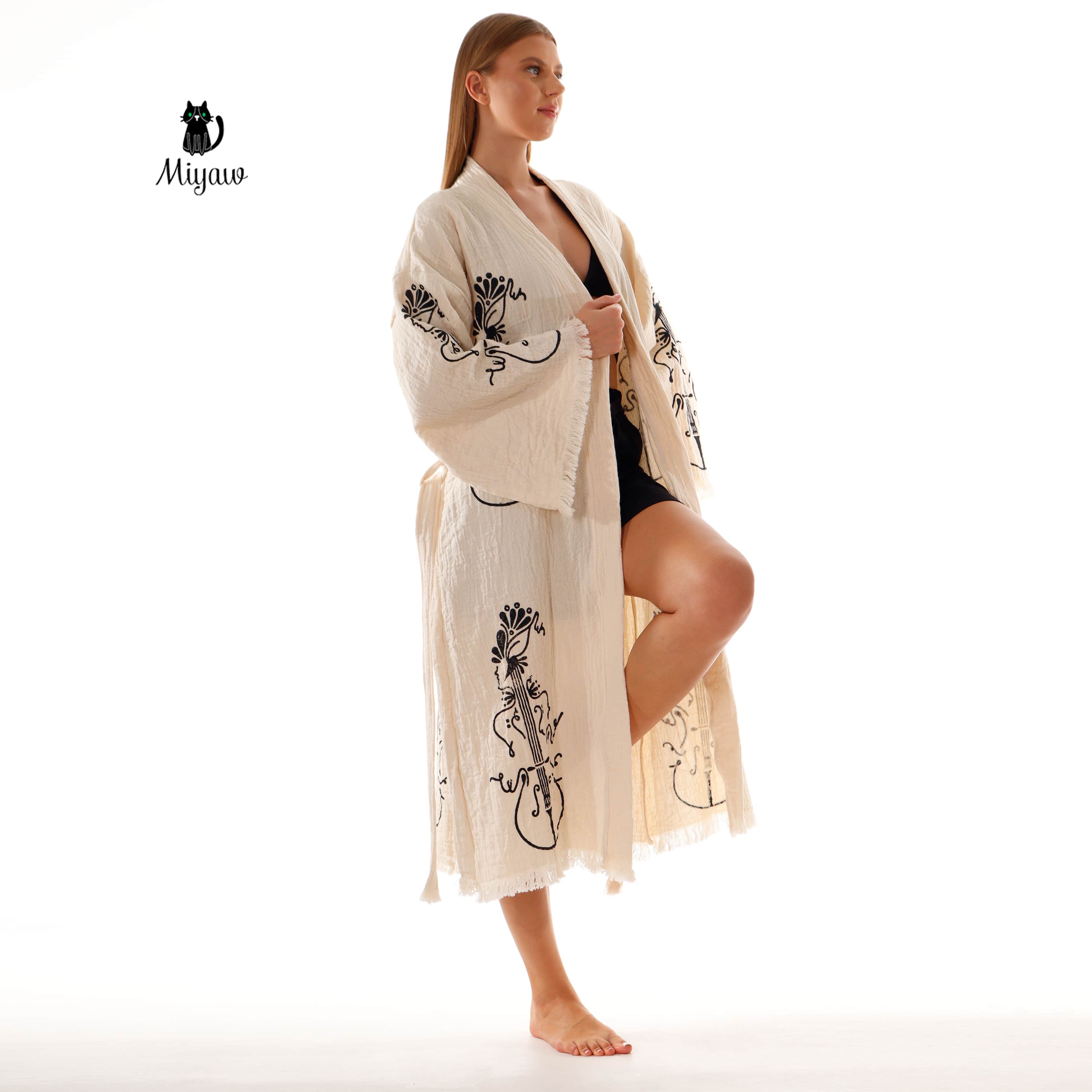 Wholesale Handmade Guitar Stamped Kimono Robe - Boho Bathrobe for Music Lovers - Miyawfashion