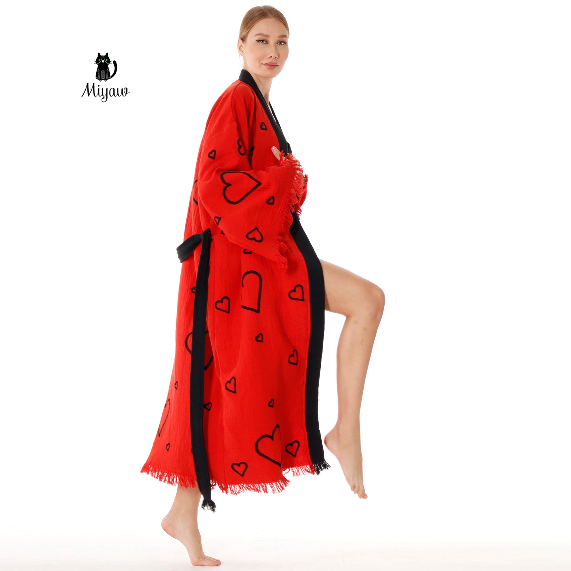 Handcrafted Red Valentine's Day Kimono Robe with Heart Design - Wholesale Ready - Miyawfashion