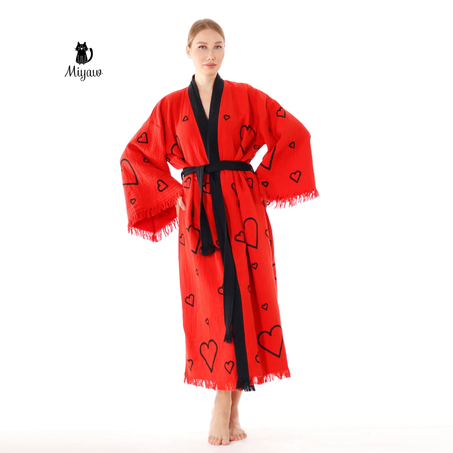 Handcrafted Red Valentine's Day Kimono Robe with Heart Design - Wholesale Ready - Miyawfashion Miyawfashion