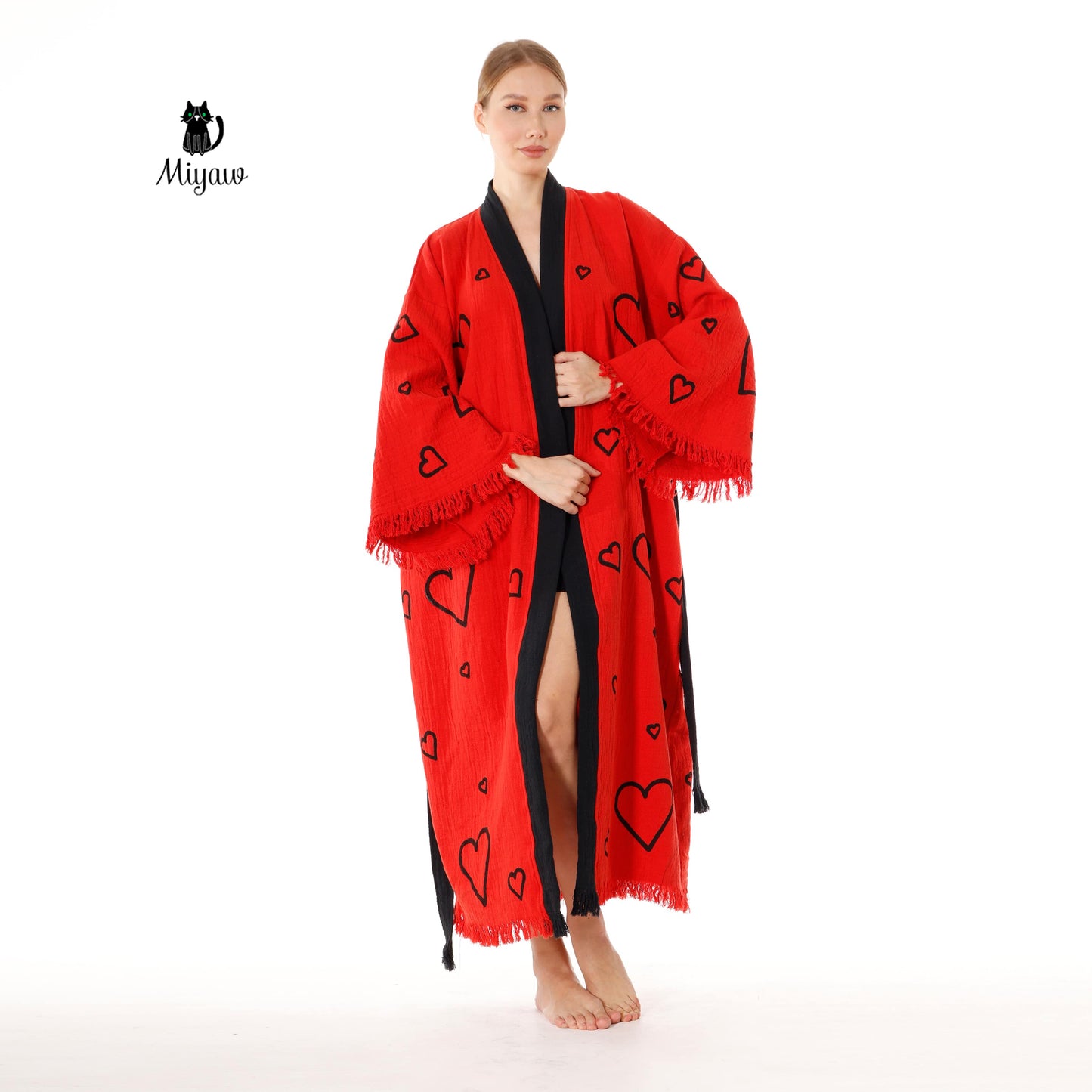 Handcrafted Red Valentine's Day Kimono Robe with Heart Design - Wholesale Ready - Miyawfashion Miyawfashion