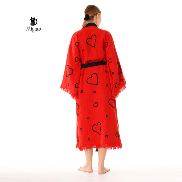 Handcrafted Red Valentine's Day Kimono Robe with Heart Design - Wholesale Ready - Miyawfashion