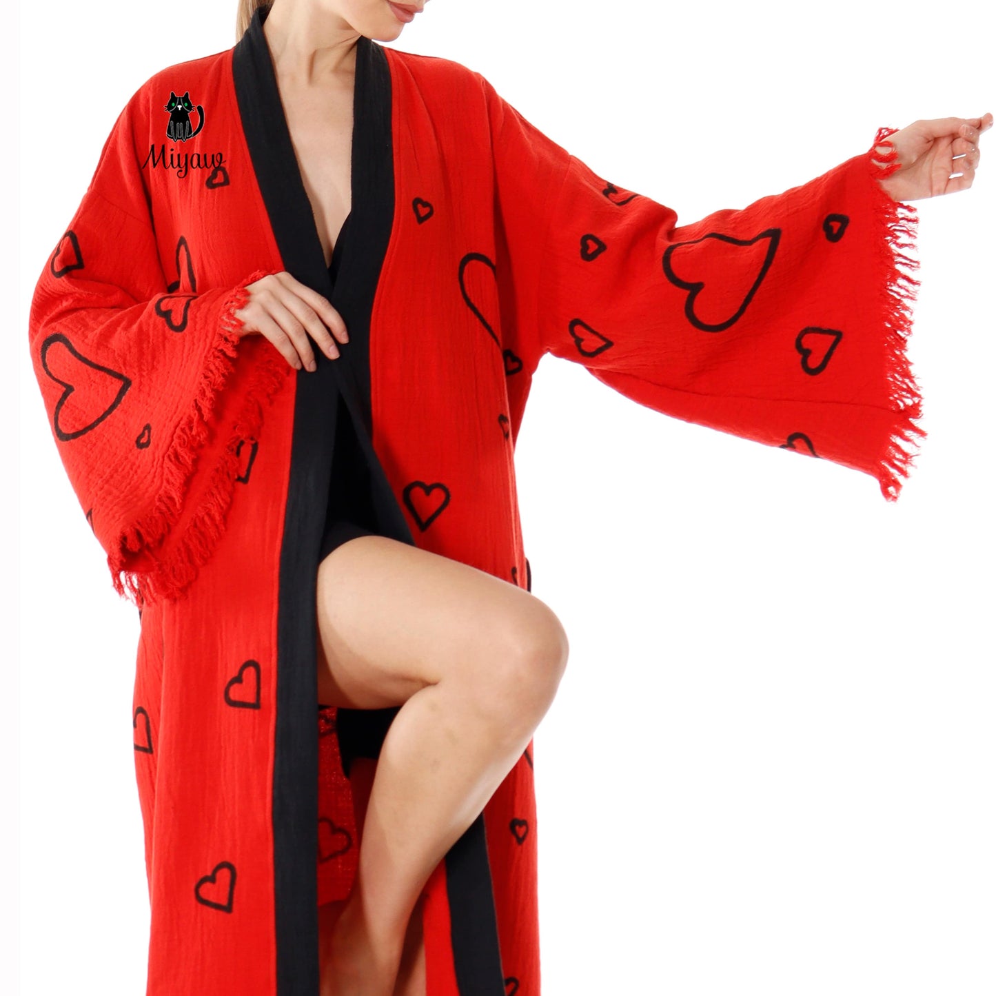 Handcrafted Red Valentine's Day Kimono Robe with Heart Design - Wholesale Ready - Miyawfashion Miyawfashion