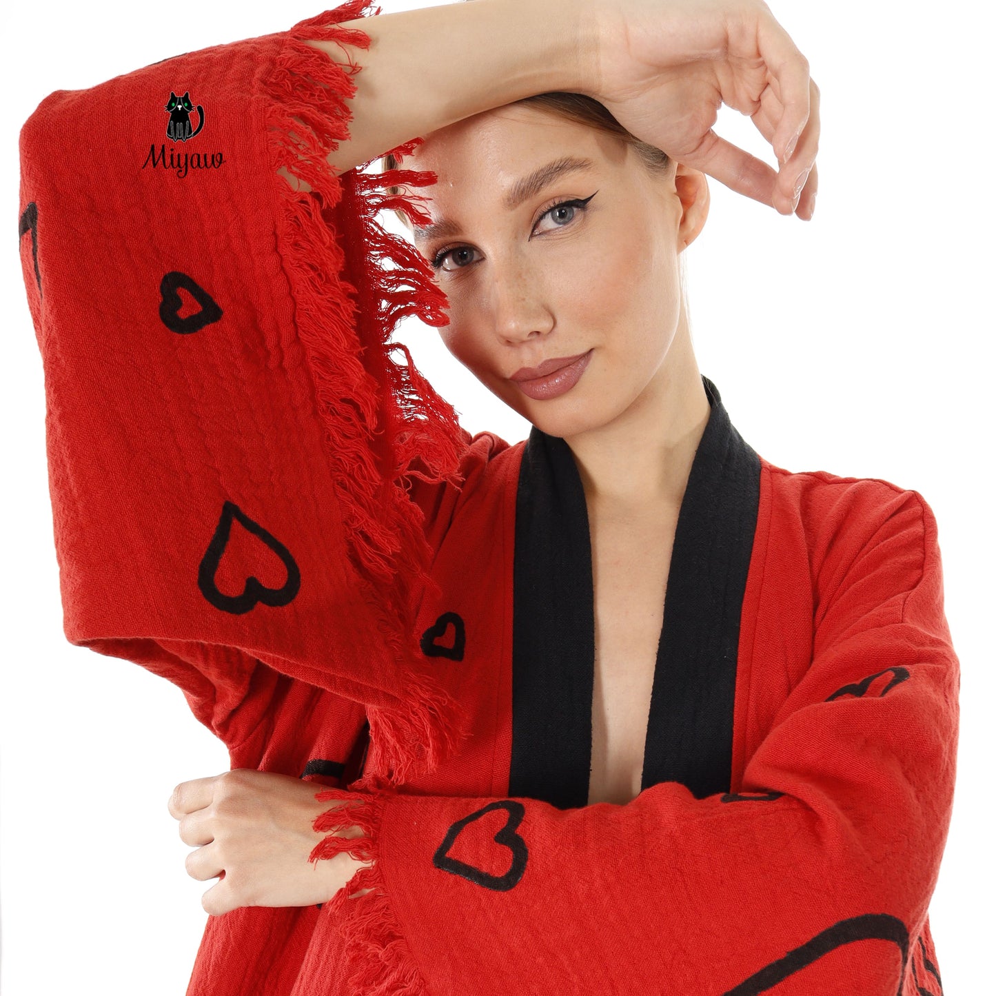 Handcrafted Red Valentine's Day Kimono Robe with Heart Design - Wholesale Ready - Miyawfashion Miyawfashion