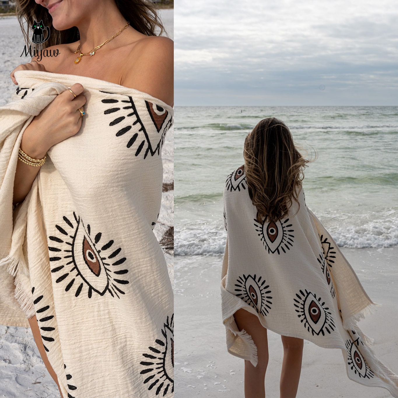 Cotton Protective Eye Beach Towel, Evil Eye Boho Cotton Towel for the beach and home - Miyawfashion Miyawfashion