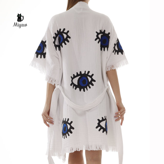 Wholesale Handmade Protective Eye print Kimono in White