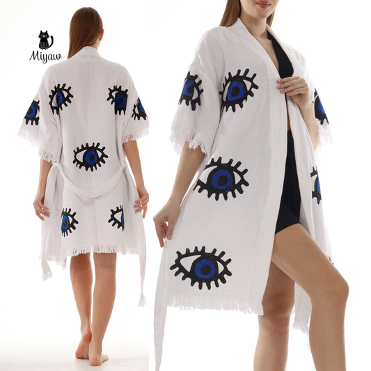 100% Cotton White Short Kimono for Women Miyawfashion