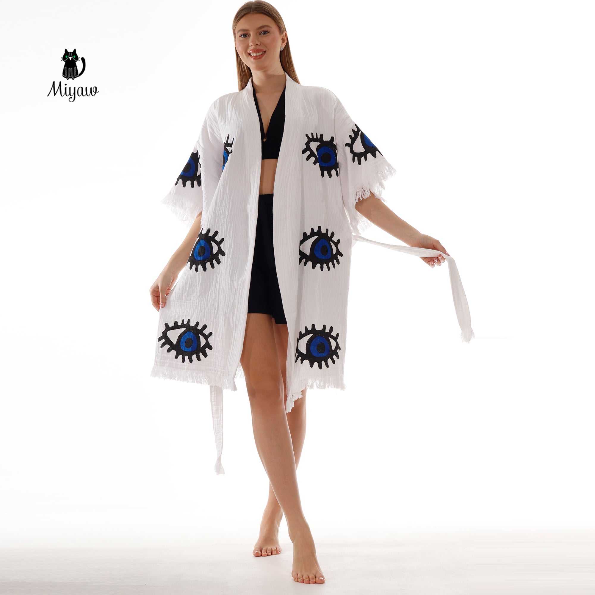 Wholesale Handmade Protective Eye print Kimono in White