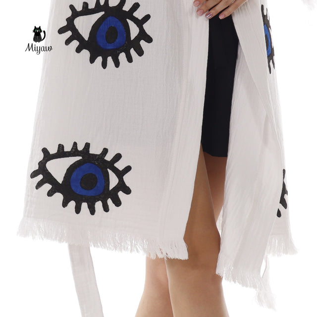 Wholesale Handmade Protective Eye print Kimono in White