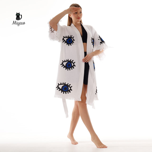 Wholesale Handmade Protective Eye print Kimono in White