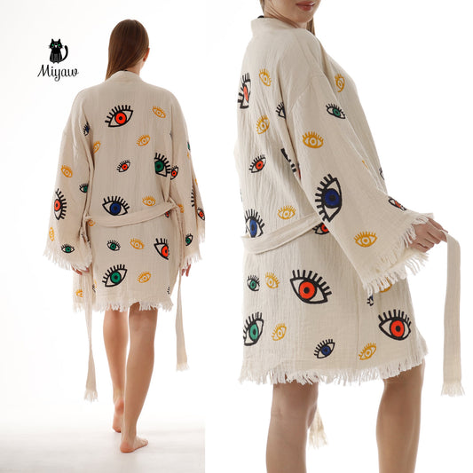 Bulk Organic Cotton Handcrafted Colorful Eyes Kimono Miyawfashion