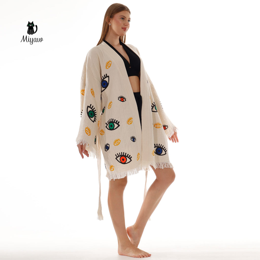 Bulk Organic Cotton Handcrafted Colorful Eyes Kimono