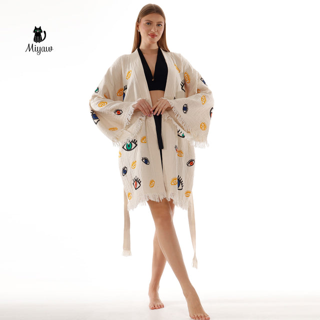 Bulk Organic Cotton Handcrafted Colorful Eyes Kimono