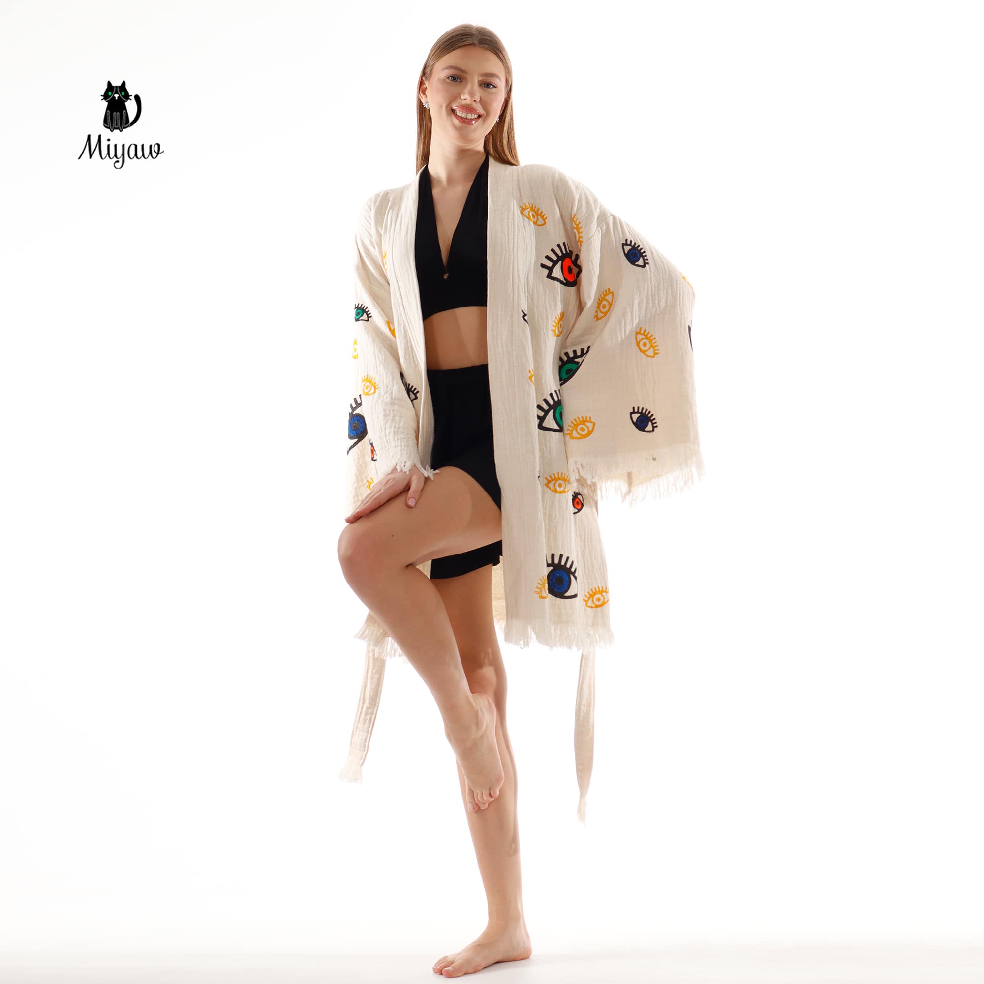 Bulk Organic Cotton Handcrafted Colorful Eyes Kimono