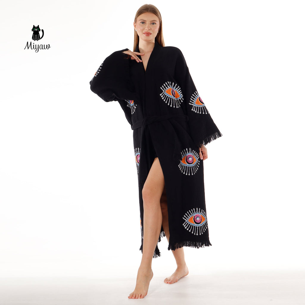 Handmade Evil Eye Stamped Kimono Robe in Black
