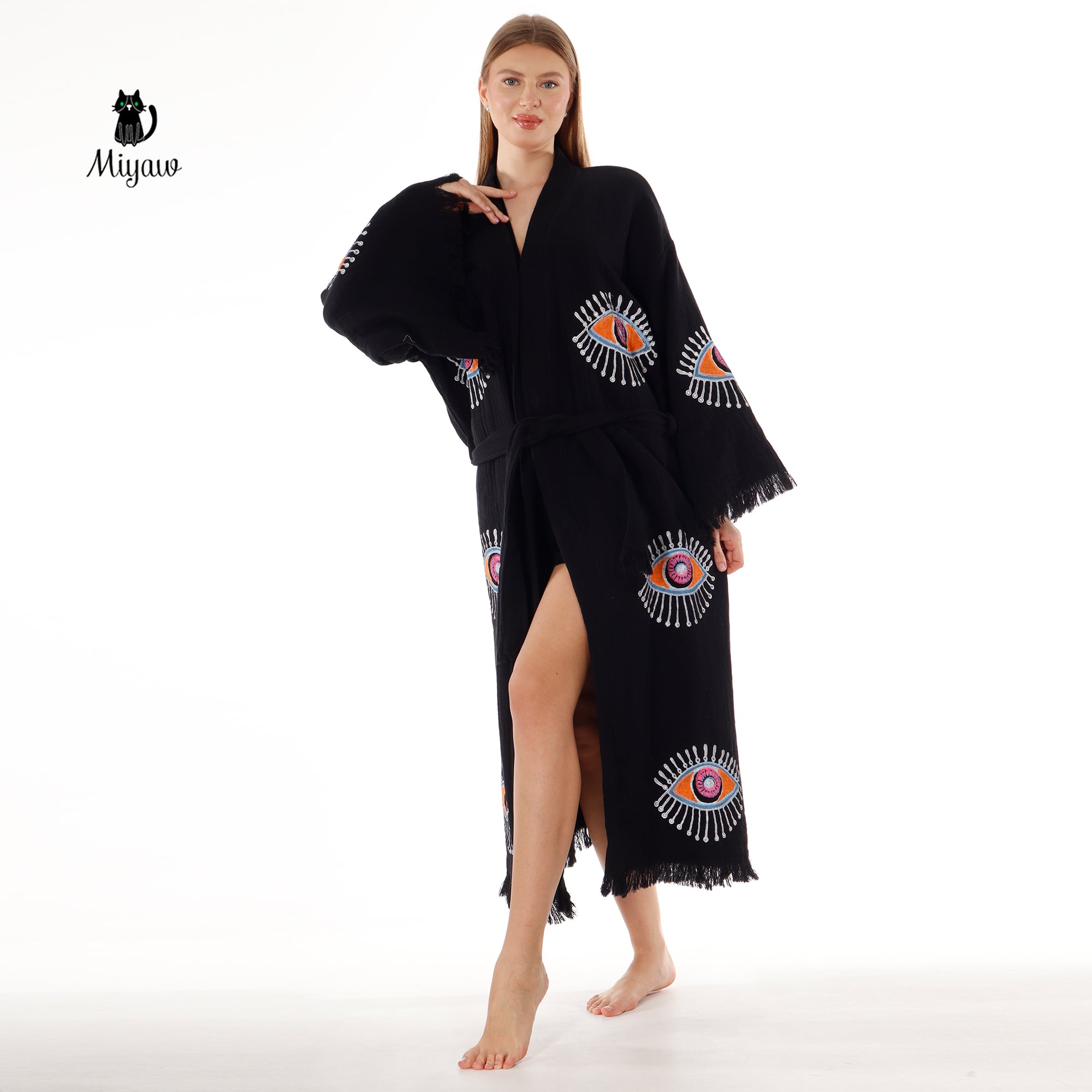 Handmade Evil Eye Stamped Kimono Robe in Black