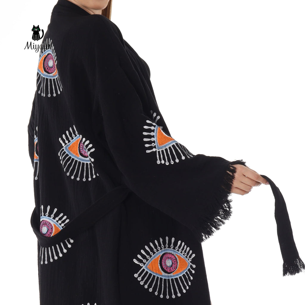 Handmade Evil Eye Stamped Kimono Robe in Black